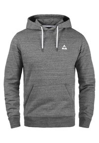 Gray hoodie made of textured fabric features a front pocket, adjustable drawstring hood, and a small logo on the chest.