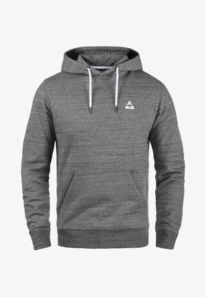 Grå huvtröja i texturerad tyg med en framficka, justerbar dragsko på huvan och en liten logotyp på bröstet.