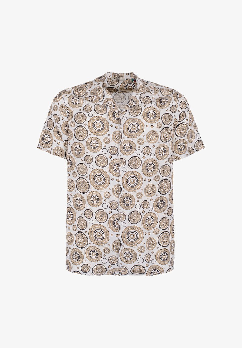 Korte mouwen overhemd met beige en bruine cirkelvormige bloemmotieven op een witte achtergrond.