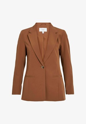 Pruun, kohandatud bleiser ühekohalise nööbiga, sakiliste krae ja kahe esisekiga. Valmistatud tekstureeritud kangast.