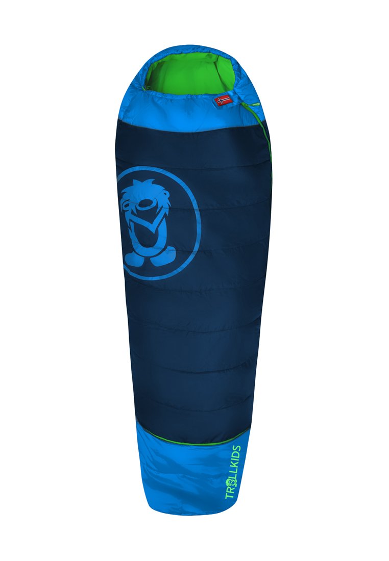Sac de couchage bleu marine avec un dessus bleu clair et un intérieur vert, présentant un logo de dessin animé et des sections cousues pour l'isolation.