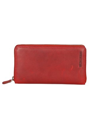 Red leather wallet with a smooth texture, zip closure, and stitched edges. Features a small zipper pull and a logo embossed on the side.