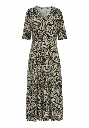 Beige midi-mekko, jossa musta abstrakti kukkakuosi, V-aukko ja kyynärpäänmittaiset hihat.