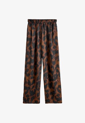 Brune og sorte leopardprint brede bukser med en krøllet tekstur og elastisk talje.