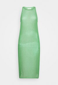 Abito senza maniche lavorato a maglia verde con silhouette aderente, caratterizzato da una texture a rete e scollatura a girocollo, che arriva a metà polpaccio.