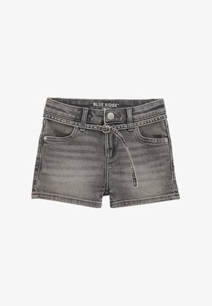 Črni denim kratke hlače z ledvenimi zankami, sprednjim gumbom in zadrgo, sprednjimi žepi ter ozkim tekstilnim pasom.