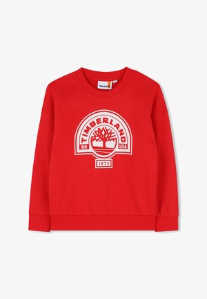 Rode katoenen sweatshirt met lange mouwen, ronde hals en een wit Timberland-logo met een boomontwerp. Geribbelde manchetten en zoom.