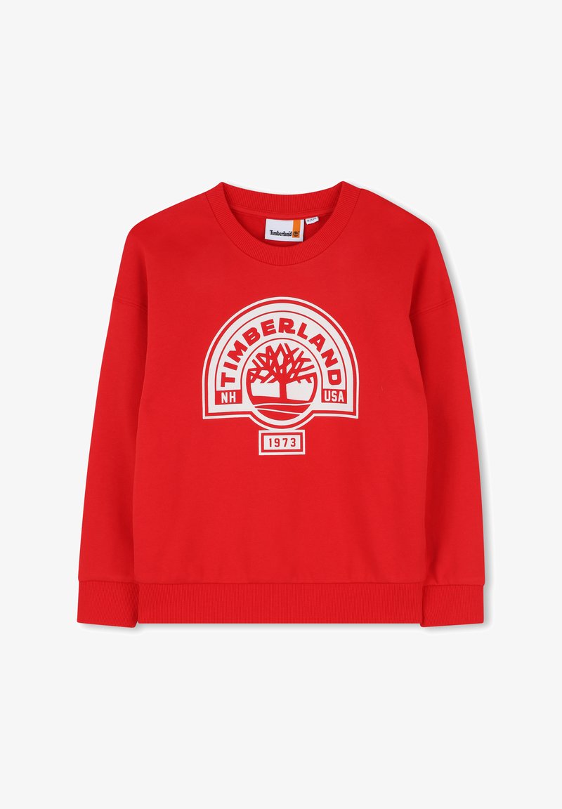 Sweat-shirt en coton rouge à manches longues, col rond, avec le logo Timberland blanc représentant un arbre. Poignets et ourlet côtelés.
