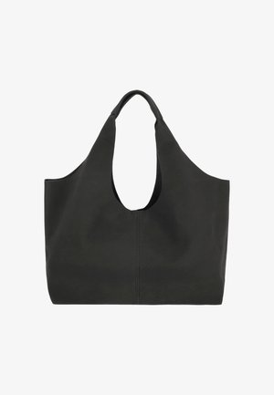 Schwarze Leder-Shopper-Tasche mit großem offenem Oberteil, einem geschwungenen Griff und einem schlanken, minimalistischen Design. Glatte Textur und keine sichtbaren Beschläge.