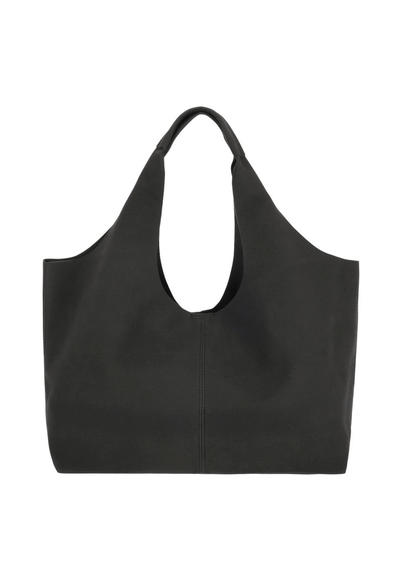 Geantă tote din piele neagră cu un vârf deschis mare, mâner curbat și un design elegant, minimalist. Textură netedă și fără elemente metalice vizibile.