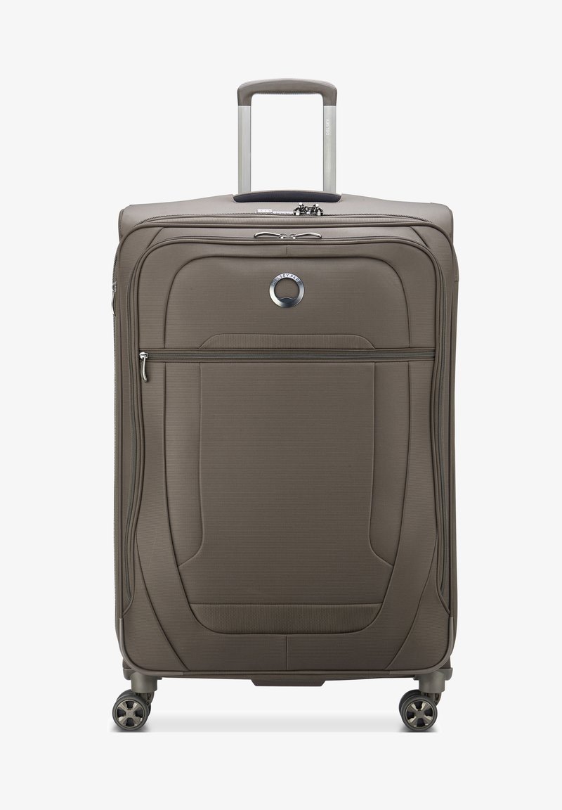 Large brown softside suitcase with a textured finish, retractable handle, multiple zippers, and four spinner wheels for easy maneuverability.