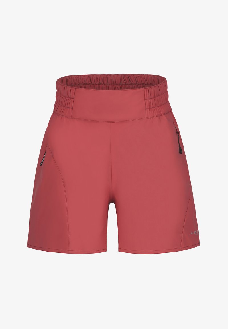 Shorts d'une profonde couleur rouge avec une large ceinture élastique froncée. Ils présentent une poche latérale avec une fermeture éclair et un tissu lisse et léger.