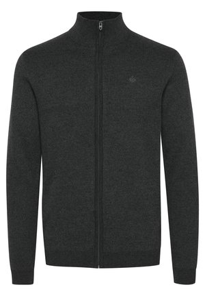 Dark gray zip-up sweater with a high collar, ribbed cuffs, and a slightly textured fabric. Includes a subtle logo on the chest.