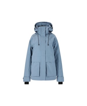 Vaaleansininen vedenpitävä takki hupulla, vetoketjulla ja nappikiinnityksellä, kaksi etutaskua, säädettävät hihansuut ja teksturoitu kangasmateriaali.