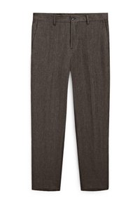 Gray relaxed-fit trousers made of textured fabric, featuring a button closure and standard pockets. Straight leg cut with hemmed edges.