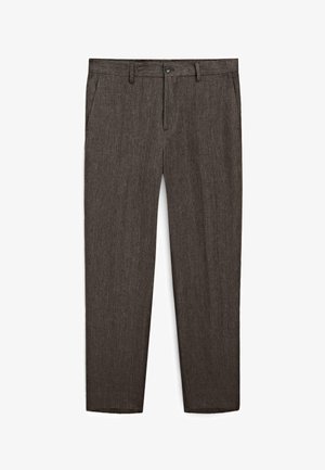 Pantalon gris à coupe décontractée en tissu texturé, doté d'une fermeture à bouton et de poches standard. Coupe droite avec bords ourlés.