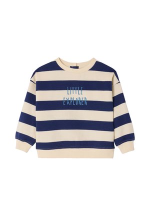 Cream and navy blue striped long-sleeve toddler sweatshirt with "Little Explorer" written in blue text on the front.