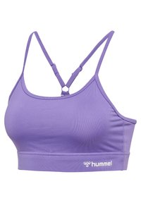 Lavendelfarbener Sport-BH mit dünnen verstellbaren Trägern, die auf der Rückseite eine Y-Form bilden, und dem "hummel"-Logo am unteren Bund.