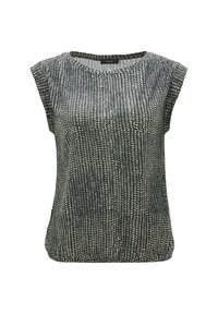 Haut sans manches à motifs noir et blanc avec un col rond, doté d'un tissu texturé et d'une coupe décontractée.