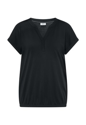 Blouse noire à manches courtes avec encolure en V, manches retroussées et ourlet élastique, étiquetée "CECIL" au col.