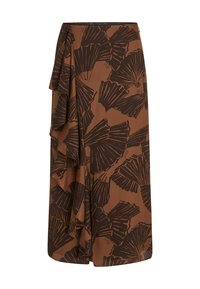 Brąskowa spódnica z warstwowym wzorem w ciemne kwiaty. Gładki materiał, długość do kolan, z falbanką po boku.