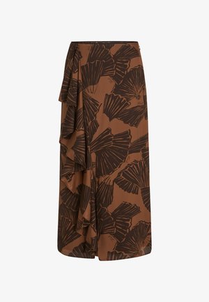 Falda marrón con un diseño en capas y patrones florales en marrón oscuro. Tejido suave, de longitud hasta la rodilla, con un detalle de volantes en el costado.