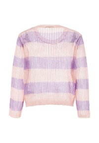 Maglione lavorato a maglia con strisce orizzontali rosa e lavanda, con una trama larga e aperta e maniche lunghe, che evidenziano una vestibilità comoda.