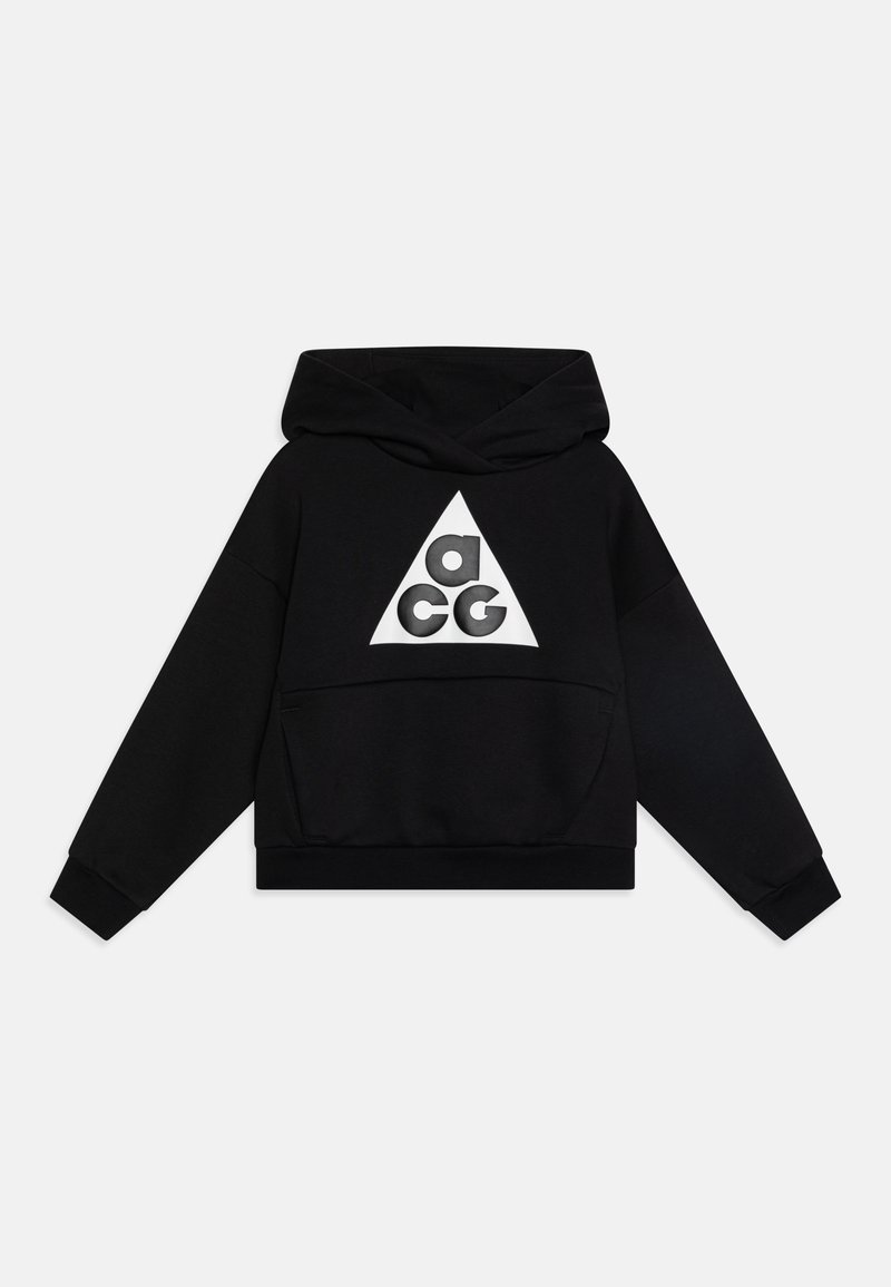 Sudadera con capucha negra con un logo triangular blanco que presenta "acg" en la parte delantera. Hecha de un tejido suave, tiene un ajuste relajado y un bolsillo canguro.
