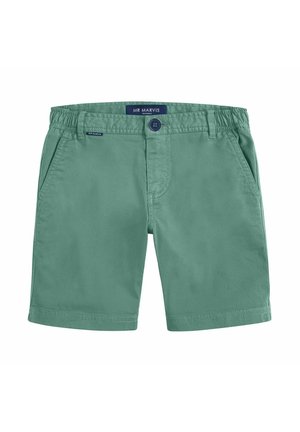 Shorts en coton vert avec une texture lisse. Ils disposent d'une taille élastique, de poches avant et d'une fermeture à un bouton.