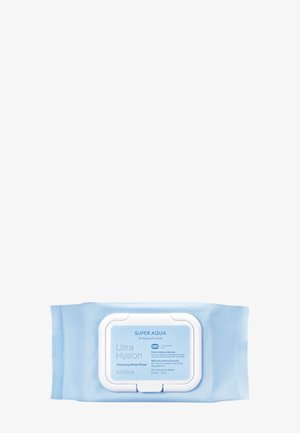 Verpakking met Missha Super Aqua Ultra Hyalon reinigingswaterdoekjes met hersluitbaar wit deksel in lichtblauwe verpakking.