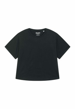 T-shirt nera corta con maniche corte e scollatura rotonda, con un'etichetta che dice "MIRA PARIS" all'interno.