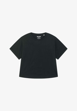 T-shirt nera corta con maniche corte e scollatura rotonda, con un'etichetta che dice "MIRA PARIS" all'interno.