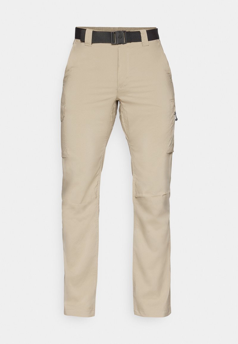 Pantalons cargo beiges avec plusieurs poches, une ceinture noire réglable et une coupe droite. Fabriqués en tissu léger et durable.