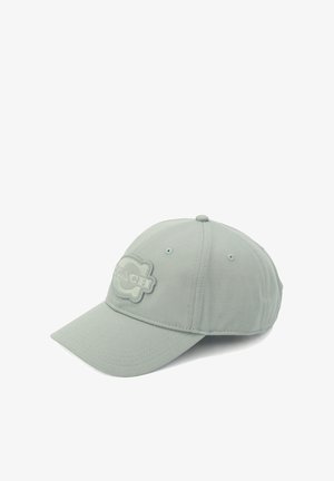 Casquette de baseball vert clair en tissu avec un design structuré. Elle présente un logo en relief à l'avant et une visière incurvée.