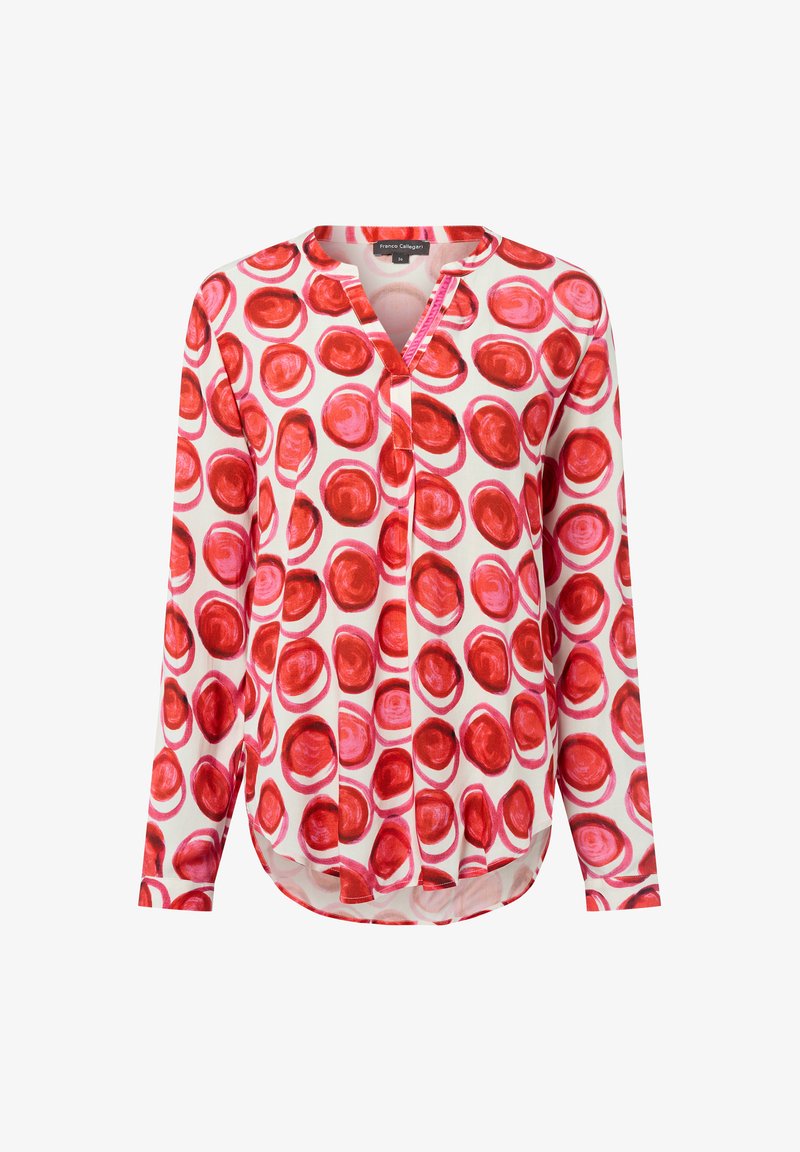 Blusa a maniche lunghe con scollo rotondo, base bianca e motivo circolare rosso su tutto il capo.