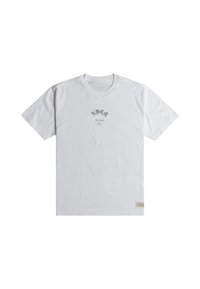 White cotton t-shirt with short sleeves, featuring a printed logo design in black on the front and a small label on the bottom right.