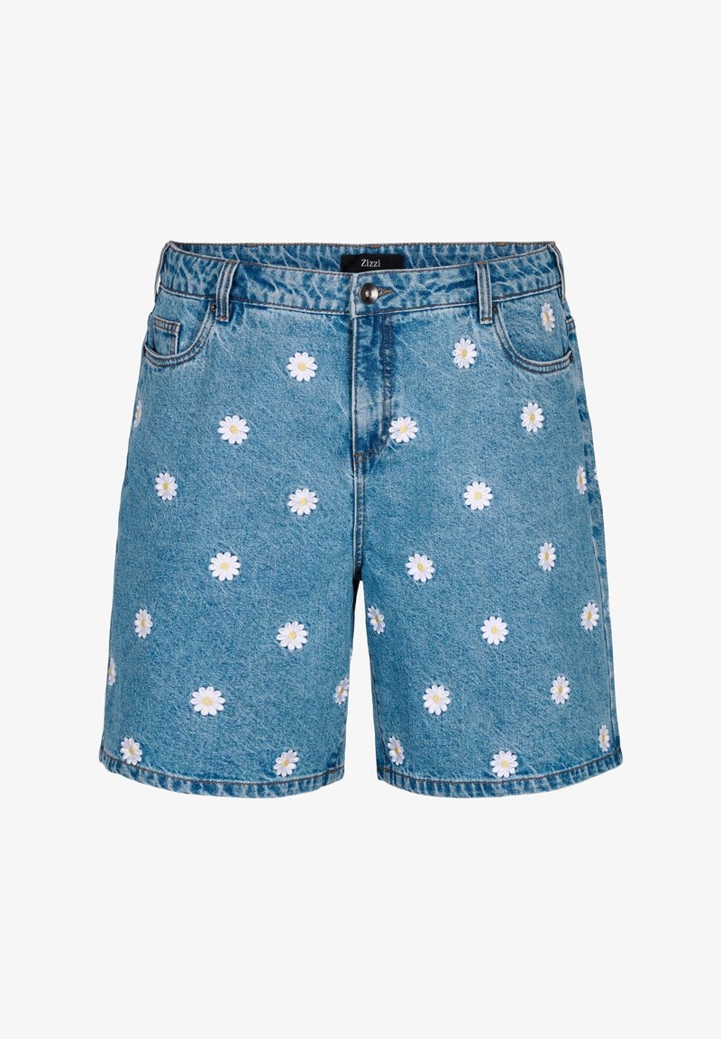 Lyseblå denimshorts med hvid margueritbroderi, med almindelig pasform, forlommer og knaplukning i taljen.