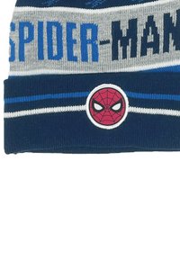Blue and gray knitted beanie featuring "SPIDER-MAN" text, striped design, and a round red badge with a Spider-Man face.