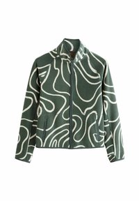Groene fleecejas met een wit abstract swirlpatroon, volledige ritsluiting, verhoogde kraag en twee zijzakken. Zachte textuur.