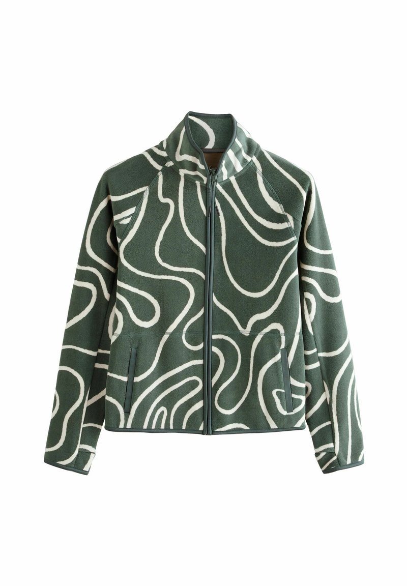 Groene fleecejas met een wit abstract swirlpatroon, volledige ritsluiting, verhoogde kraag en twee zijzakken. Zachte textuur.