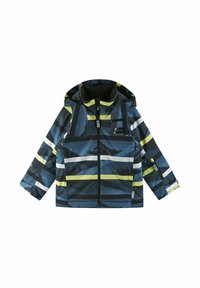 Blau- und schwarz gestreifte Jacke mit Kapuze, die horizontale Linien in leuchtendem Gelb und Weiß aufweist. Hergestellt aus wasserabweisendem Material, mit einem Reißverschluss auf der Vorderseite.