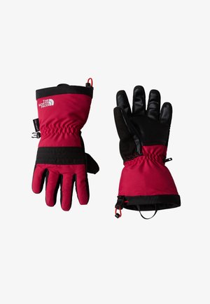 Guantes aislantes rojos y negros con exterior impermeable, muñeca elástica y gancho para un cierre seguro. Diseño con dedos para mayor destreza.