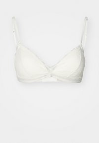 Hvit blonde bralette med trekantede kopper, justerbare stropper og en dekorativ knute foran. Glatt underbånd for støtte.