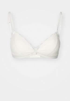 Bralet alb din dantelă cu cupe triunghiulare, bretele ajustabile și un nod decorativ în față. Bandă de susținere netedă.