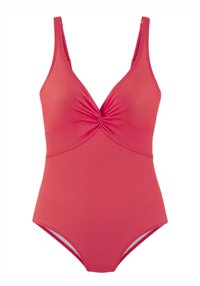 Vienspēļu peldkostīms spilgtā koraļļu krāsā. Tam ir V-veida izgriezums ar savītu priekšpusi, biezas lences un gluda, elastīga auduma.