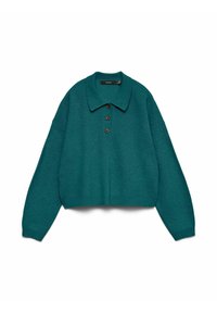 Krótki miętowy pulower o prążkowanej fakturze, z trzema brązowymi guzikami i kołnierzem. Charakteryzuje się luźnymi, długimi rękawami i swobodnym krojem.