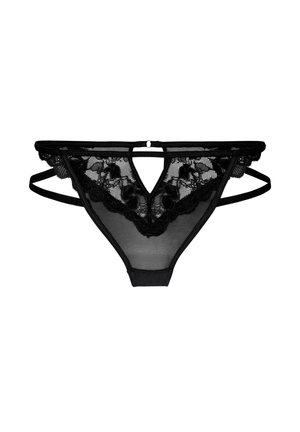 Schwarzer transparenter Spitzentanga mit floralen Mustern, Ausschnitt vorne und doppelten seitlichen Trägern vor weißem Hintergrund.