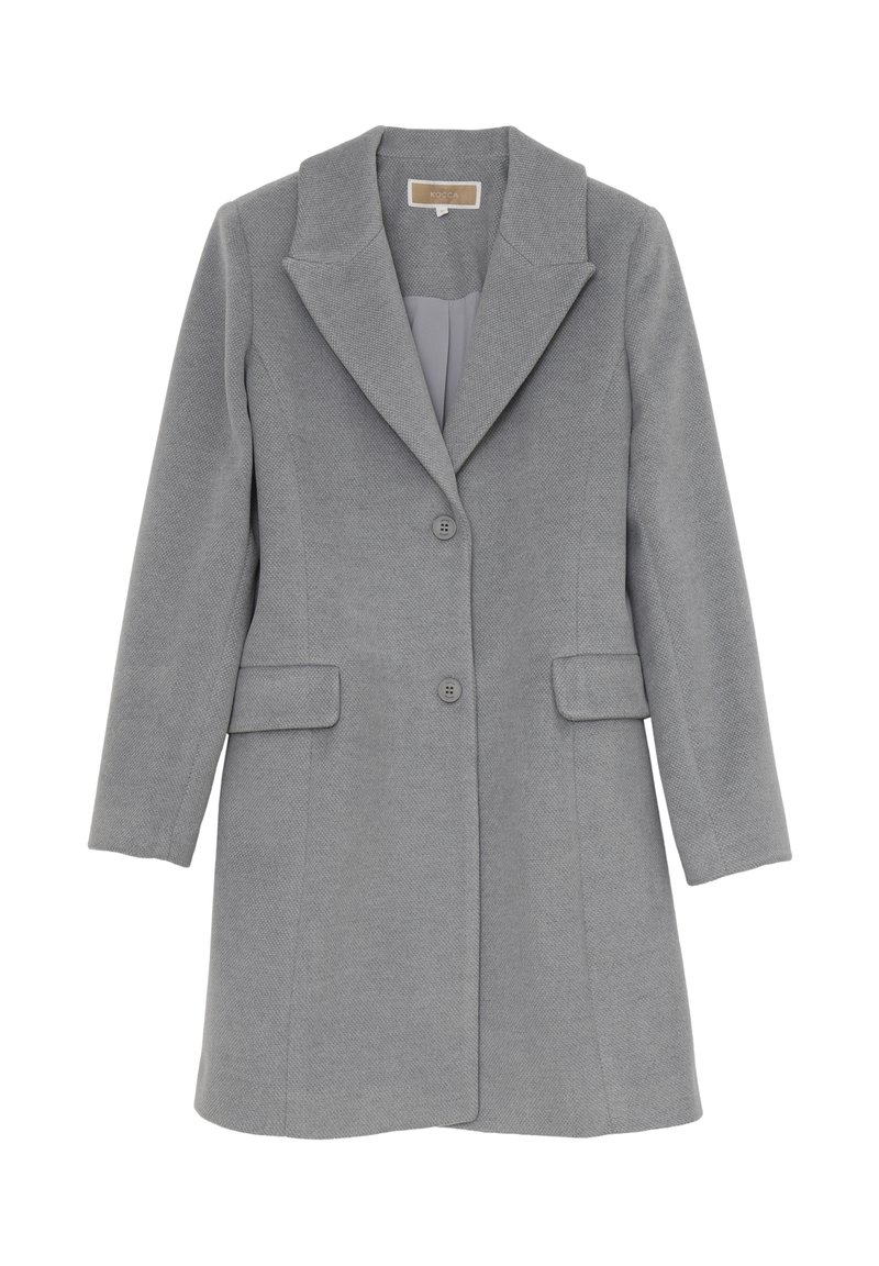 Cappotto in misto lana grigio con design sartoriale, rever affilati, due tasche frontali e chiusura con tre bottoni, caratterizzato da un tessuto strutturato.