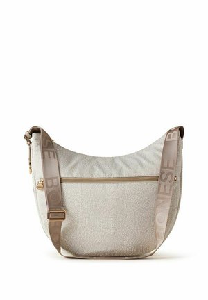 Sac bandoulière beige texturé avec une bandoulière large réglable comportant le texte "BONF" et une poche à zip horizontale sur le devant.