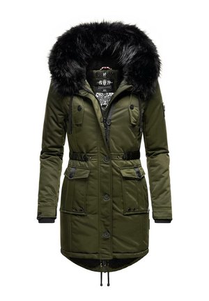 Olive green parka jacket with a black faux fur hood, adjustable waist, multiple pockets, and a zippered front. Lined interior with a patterned detail.